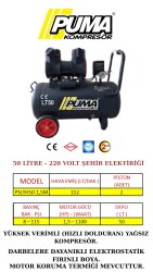 HIZLI YÜKSEK VERİMLİ SESSİZ YAĞSIZ PİSTONLU KOMPRESÖR - 50 Lt - 1.5 HP - 8 Bar - Hava Üretimi: 152 Lt/dk. - 220 Volt - PUMA
