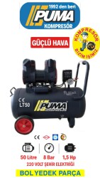 HIZLI YÜKSEK VERİMLİ SESSİZ YAĞSIZ PİSTONLU KOMPRESÖR - 50 Lt - 1.5 HP - 8 Bar - Hava Üretimi: 152 Lt/dk. - 220 Volt - PUMA