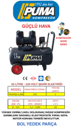 HIZLI YÜKSEK VERİMLİ SESSİZ YAĞSIZ PİSTONLU KOMPRESÖR - 50 Lt - 1.5 HP - 8 Bar - Hava Üretimi: 152 Lt/dk. - 220 Volt - PUMA