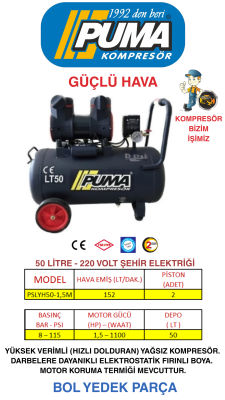 HIZLI YÜKSEK VERİMLİ SESSİZ YAĞSIZ PİSTONLU KOMPRESÖR - 50 Lt - 1.5 HP - 8 Bar - Hava Üretimi: 152 Lt/dk. - 220 Volt - 1