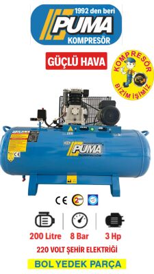 PİSTONLU KOMPRESÖR - 200 Lt - 3 HP - 8 Bar - Hava Üretimi: 355 Lt/dk. - 220 Volt - 1