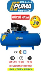 PİSTONLU KOMPRESÖR - 500 Lt - 7.5 HP - 12 Bar - Hava Üretimi: 790 Lt/dk. - 380 Volt - PUMA ( PROFESYONEL SERİSİ )