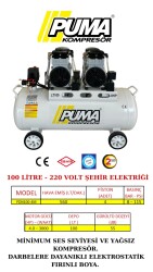 SESSİZ YAĞSIZ PİSTONLU KOMPRESÖR - 100 Lt - 4 HP - 8 Bar - Hava Üretimi: 560 Lt/dk. - 220 Volt - PUMA