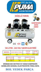 SESSİZ YAĞSIZ PİSTONLU KOMPRESÖR - 100 Lt - 4 HP - 8 Bar - Hava Üretimi: 560 Lt/dk. - 220 Volt - PUMA