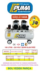 SESSİZ YAĞSIZ PİSTONLU KOMPRESÖR - 100 Lt - 4 HP - 8 Bar - Hava Üretimi: 560 Lt/dk. - 220 Volt - PUMA