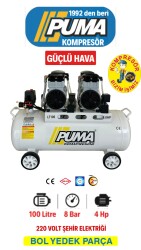 SESSİZ YAĞSIZ PİSTONLU KOMPRESÖR - 100 Lt - 4 HP - 8 Bar - Hava Üretimi: 560 Lt/dk. - 220 Volt - PUMA
