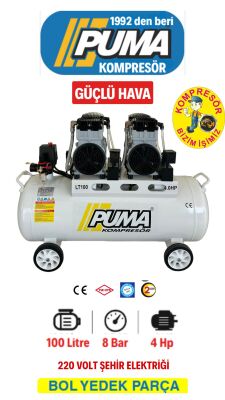 SESSİZ YAĞSIZ PİSTONLU KOMPRESÖR - 100 Lt - 4 HP - 8 Bar - Hava Üretimi: 560 Lt/dk. - 220 Volt - 1