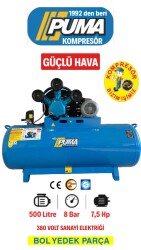 PİSTONLU KOMPRESÖR - 500 Lt - 7.5 HP - 8 Bar - Hava Üretimi: 985 Lt/dk. - 380 Volt - PUMA ( ENDÜSTRİYEL SERİSİ )