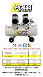 SESSİZ YAĞSIZ PİSTONLU KOMPRESÖR - 100 Lt - 3 HP - 8 Bar - Hava Üretimi: 400 Lt/dk. - 220 Volt - PUMA