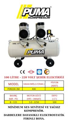 SESSİZ YAĞSIZ PİSTONLU KOMPRESÖR - 100 Lt - 3 HP - 8 Bar - Hava Üretimi: 400 Lt/dk. - 220 Volt - 1