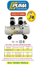 SESSİZ YAĞSIZ PİSTONLU KOMPRESÖR - 100 Lt - 3 HP - 8 Bar - Hava Üretimi: 400 Lt/dk. - 220 Volt - PUMA