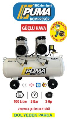 SESSİZ YAĞSIZ PİSTONLU KOMPRESÖR - 100 Lt - 3 HP - 8 Bar - Hava Üretimi: 400 Lt/dk. - 220 Volt - 1