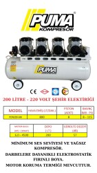 SESSİZ YAĞSIZ PİSTONLU KOMPRESÖR - 200 Lt - 6 HP - 8 Bar - Hava Üretimi: 800 Lt/dk. - 220 Volt - PUMA