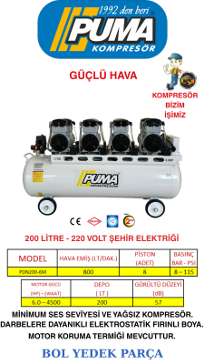 SESSİZ YAĞSIZ PİSTONLU KOMPRESÖR - 200 Lt - 6 HP - 8 Bar - Hava Üretimi: 800 Lt/dk. - 220 Volt - 1