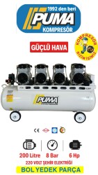 SESSİZ YAĞSIZ PİSTONLU KOMPRESÖR - 200 Lt - 6 HP - 8 Bar - Hava Üretimi: 800 Lt/dk. - 220 Volt - 1