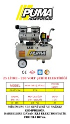SESSİZ YAĞSIZ PİSTONLU KOMPRESÖR - 24 Lt - 1 HP - 8 Bar - Hava Üretimi: 135 Lt/dk. - 220 Volt - PUMA