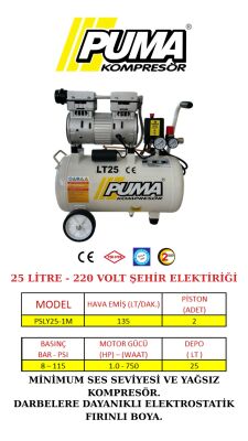SESSİZ YAĞSIZ PİSTONLU KOMPRESÖR - 24 Lt - 1 HP - 8 Bar - Hava Üretimi: 135 Lt/dk. - 220 Volt - 1