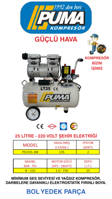 SESSİZ YAĞSIZ PİSTONLU KOMPRESÖR - 24 Lt - 1 HP - 8 Bar - Hava Üretimi: 135 Lt/dk. - 220 Volt - 1