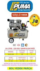 SESSİZ YAĞSIZ PİSTONLU KOMPRESÖR - 24 Lt - 1 HP - 8 Bar - Hava Üretimi: 135 Lt/dk. - 220 Volt - PUMA