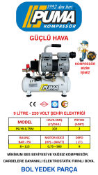 SESSİZ YAĞSIZ PİSTONLU KOMPRESÖR - 9 Lt - 1 HP - 8 Bar - Hava Üretimi: 102 Lt/dk. - 220 Volt - POWER