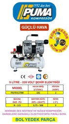 SESSİZ YAĞSIZ PİSTONLU KOMPRESÖR - 9 Lt - 1 HP - 8 Bar - Hava Üretimi: 102 Lt/dk. - 220 Volt - POWER
