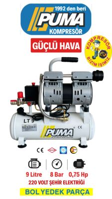 SESSİZ YAĞSIZ PİSTONLU KOMPRESÖR - 9 Lt - 1 HP - 8 Bar - Hava Üretimi: 102 Lt/dk. - 220 Volt - 1