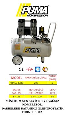 SESSİZ YAĞSIZ PİSTONLU KOMPRESÖR - 50 Lt - 1.5 HP - 8 Bar - Hava Üretimi: 200 Lt/dk. - 220 Volt - 1