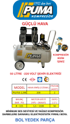 SESSİZ YAĞSIZ PİSTONLU KOMPRESÖR - 50 Lt - 1.5 HP - 8 Bar - Hava Üretimi: 200 Lt/dk. - 220 Volt - PUMA