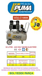 SESSİZ YAĞSIZ PİSTONLU KOMPRESÖR - 50 Lt - 1.5 HP - 8 Bar - Hava Üretimi: 200 Lt/dk. - 220 Volt - PUMA