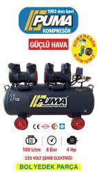 HIZLI YÜKSEK VERİMLİ SESSİZ YAĞSIZ PİSTONLU KOMPRESÖR - 100 Lt - 4 HP - 8 Bar - Hava Üretimi: 490 Lt/dk. - 220 Volt - PUMA