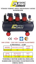 HIZLI YÜKSEK VERİMLİ SESSİZ YAĞSIZ PİSTONLU KOMPRESÖR - 100 Lt - 6 HP - 8 Bar - Hava Üretimi: 735 Lt/dk. - 220 Volt - PUMA