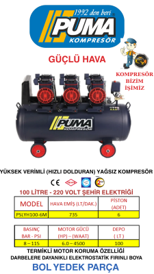 HIZLI YÜKSEK VERİMLİ SESSİZ YAĞSIZ PİSTONLU KOMPRESÖR - 100 Lt - 6 HP - 8 Bar - Hava Üretimi: 735 Lt/dk. - 220 Volt - 1