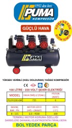 HIZLI YÜKSEK VERİMLİ SESSİZ YAĞSIZ PİSTONLU KOMPRESÖR - 100 Lt - 6 HP - 8 Bar - Hava Üretimi: 735 Lt/dk. - 220 Volt - PUMA