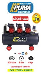 HIZLI YÜKSEK VERİMLİ SESSİZ YAĞSIZ PİSTONLU KOMPRESÖR - 100 Lt - 6 HP - 8 Bar - Hava Üretimi: 735 Lt/dk. - 220 Volt - PUMA