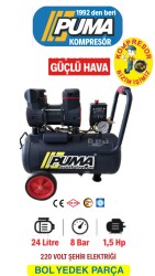 HIZLI YÜKSEK VERİMLİ SESSİZ YAĞSIZ PİSTONLU KOMPRESÖR - 24 Lt - 1.5 HP - 8 Bar - Hava Üretimi: 152 Lt/dk. - 220 Volt - PUMA