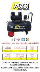 HIZLI YÜKSEK VERİMLİ SESSİZ YAĞSIZ PİSTONLU KOMPRESÖR - 50 Lt - 2 HP - 8 Bar - Hava Üretimi: 245 Lt/dk. - 220 Volt - PUMA