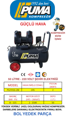 HIZLI YÜKSEK VERİMLİ SESSİZ YAĞSIZ PİSTONLU KOMPRESÖR - 50 Lt - 2 HP - 8 Bar - Hava Üretimi: 245 Lt/dk. - 220 Volt - 1
