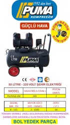 HIZLI YÜKSEK VERİMLİ SESSİZ YAĞSIZ PİSTONLU KOMPRESÖR - 50 Lt - 2 HP - 8 Bar - Hava Üretimi: 245 Lt/dk. - 220 Volt - PUMA