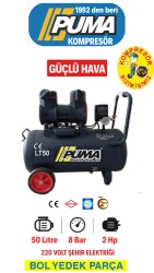HIZLI YÜKSEK VERİMLİ SESSİZ YAĞSIZ PİSTONLU KOMPRESÖR - 50 Lt - 2 HP - 8 Bar - Hava Üretimi: 245 Lt/dk. - 220 Volt - PUMA