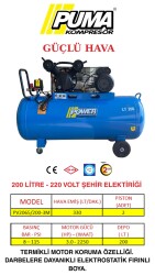 PİSTONLU KOMPRESÖR - 200 Lt - 3 HP - 8 Bar - Hava Üretimi: 330 Lt/dk. - 220 Volt - POWER