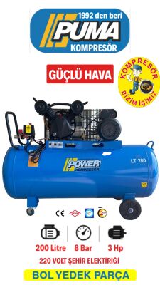 PİSTONLU KOMPRESÖR - 200 Lt - 3 HP - 8 Bar - Hava Üretimi: 330 Lt/dk. - 220 Volt - 1