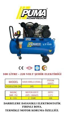 PİSTONLU KOMPRESÖR - 100 Lt - 2 HP - 8 Bar - Hava Üretimi: 200 Lt/dk. - 220 Volt - 1