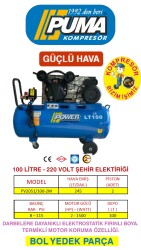 PİSTONLU KOMPRESÖR - 100 Lt - 2 HP - 8 Bar - Hava Üretimi: 200 Lt/dk. - 220 Volt - POWER