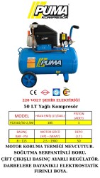 PİSTONLU KOMPRESÖR - 50 Lt - 2.5 HP - 8 Bar - Hava Üretimi: 200 Lt/dk. - 220 Volt - PUMA