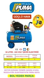 PİSTONLU KOMPRESÖR - 50 Lt - 2.5 HP - 8 Bar - Hava Üretimi: 200 Lt/dk. - 220 Volt - PUMA