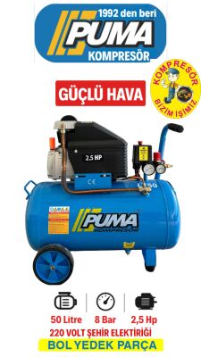 PİSTONLU KOMPRESÖR - 50 Lt - 2.5 HP - 8 Bar - Hava Üretimi: 200 Lt/dk. - 220 Volt - 1