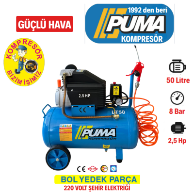 PİSTONLU KOMPRESÖR - 50 Lt - 2.5 HP - 8 Bar - Hava Üretimi: 200 Lt/dk. - 220 Volt - 1