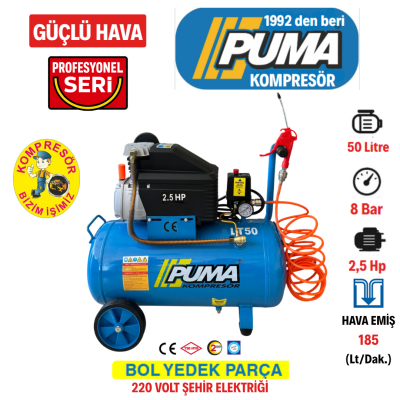 PİSTONLU KOMPRESÖR - 50 Lt - 2.5 HP - 8 Bar - Hava Üretimi: 200 Lt/dk. - 220 Volt - 1