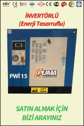 VİDALI KOMPRESÖR Akuple Motorlu - Düşük Devirli - İnvertörlü Enerji Tasarrufu Sağlayan - Düşük Ses Desibelli - Yüksek Verimli - LCD Ekranlı - Büyük Radyatörlü - 2 Yıl Garantili - Vidalı Kompresör - PUMA ( PWİ 15 ) İNVERTÖRLÜ (Enerji tasarruflu)